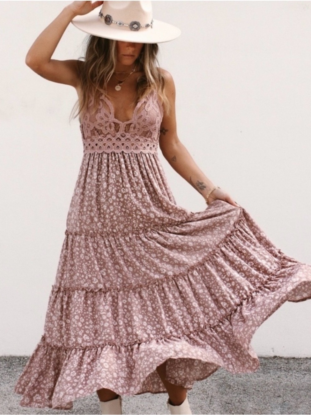 Chrysanthemum M Boho Floral Lace Crochet Tiered Maxi Dress Mauve